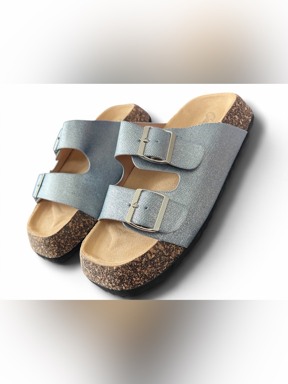 Cape Robbin Light Denim Blue Double-Buckle Cork Slide Sandals